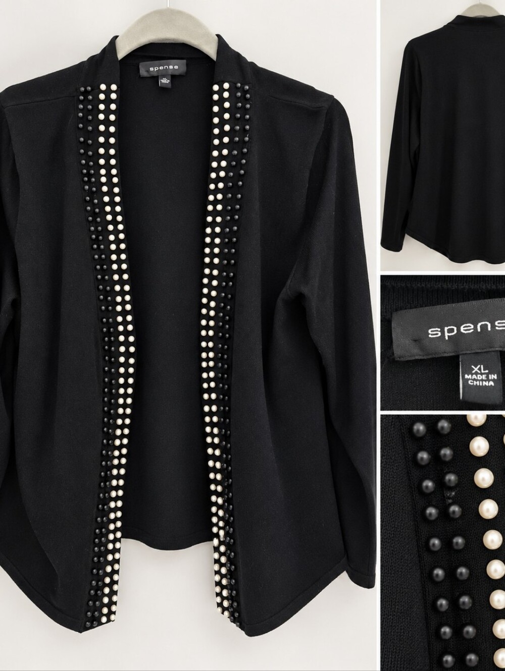 Spense Black Open-Front Blazer with Black and Ivory Bead Trim